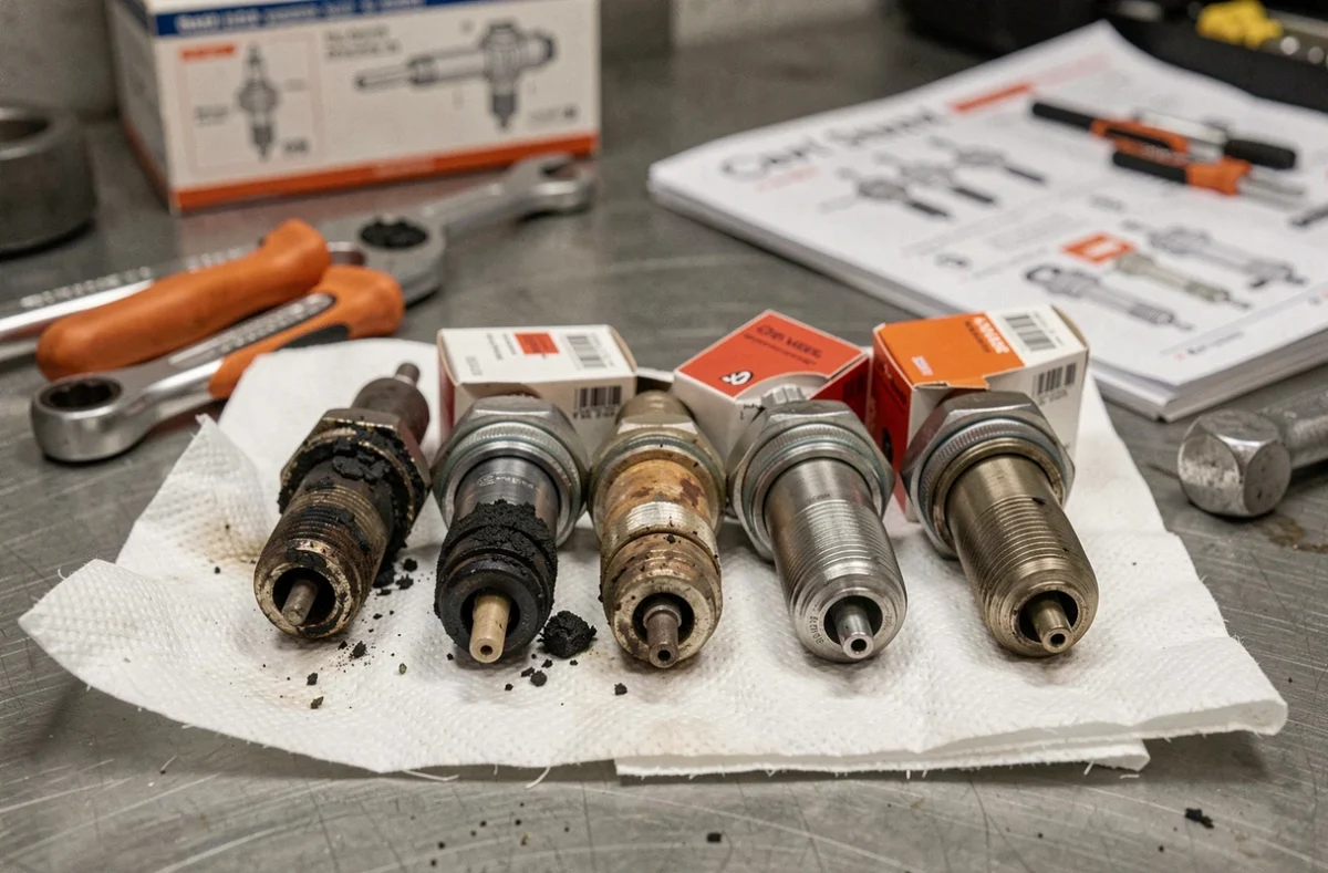 Comparaison entre une bougie de préchauffage usée avec dépôts de carbone et des bougies neuves pour Peugeot 1.6 HDI
