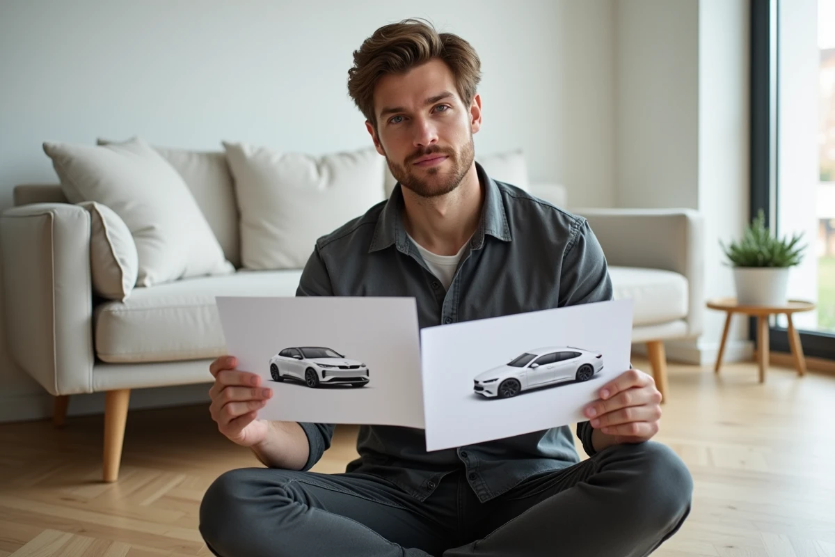 Homme adulte comparant un dessin de voiture simple et un dessin détaillé posés sur le sol d'un salon scandinave