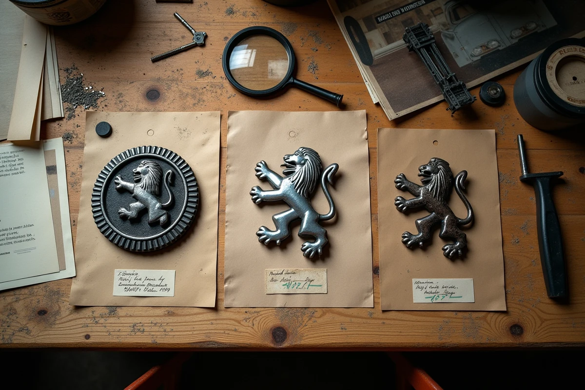 Vue à plat de trois générations de logos lion Peugeot authentiques côte à côte sur un établi en chêne avec documents de référence pour comparaison