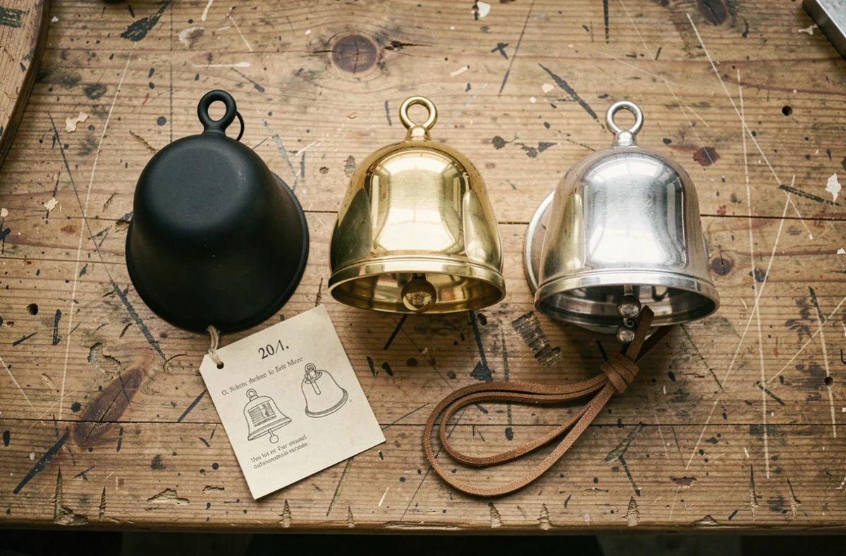Comparaison de trois guardian bells différentes en finitions chromée laiton et noire sur un établi en bois