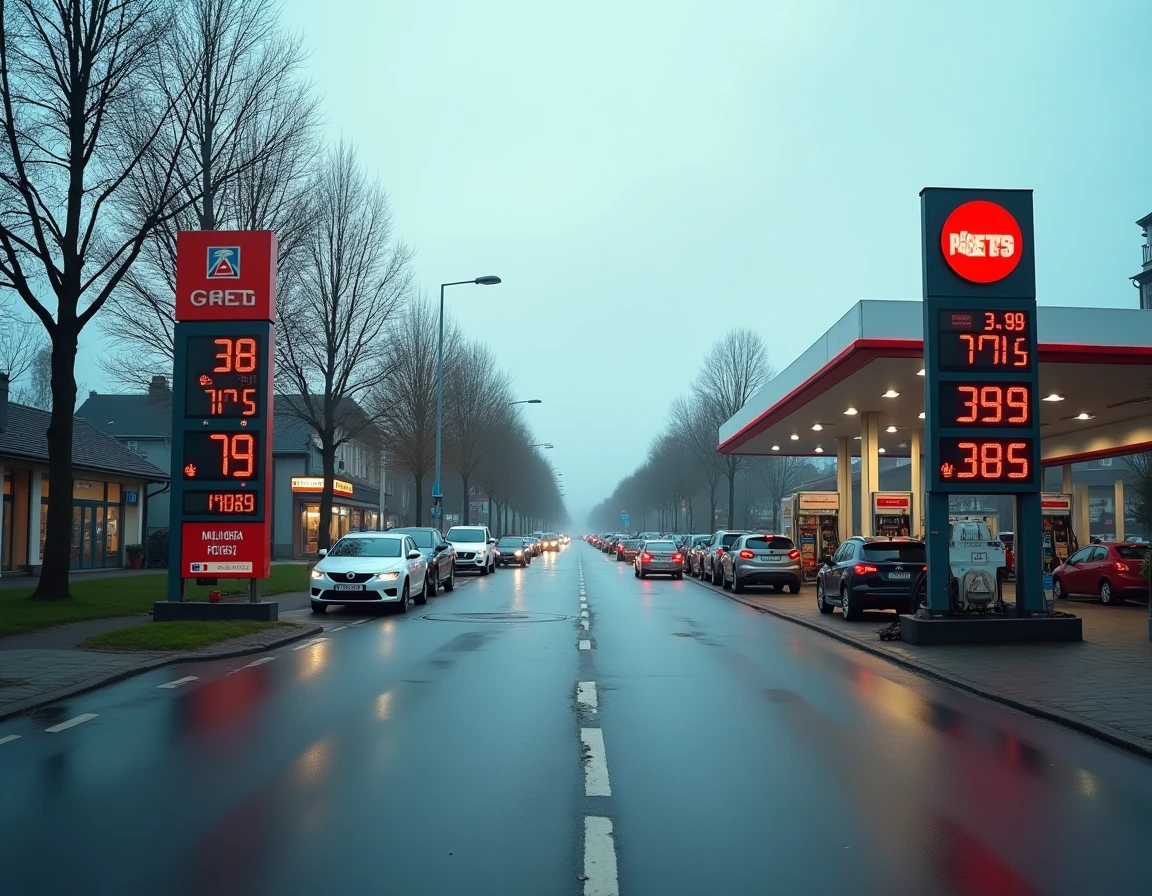 Vue de deux stations-service concurrentes à Roanne avec leurs panneaux de prix de l'essence bien visibles
