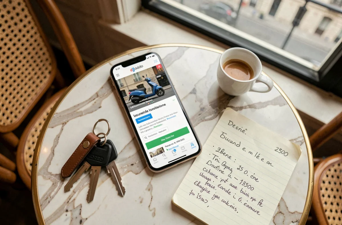 Vue de dessus d'une table de café parisienne avec un comparateur d'assurance scooter sur smartphone et des clés de deux-roues