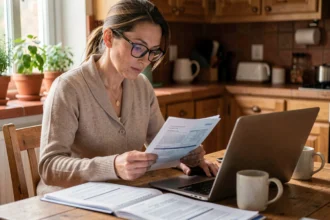 Femme comparant des offres d'assurance voiture sans permis sur un ordinateur portable à la maison