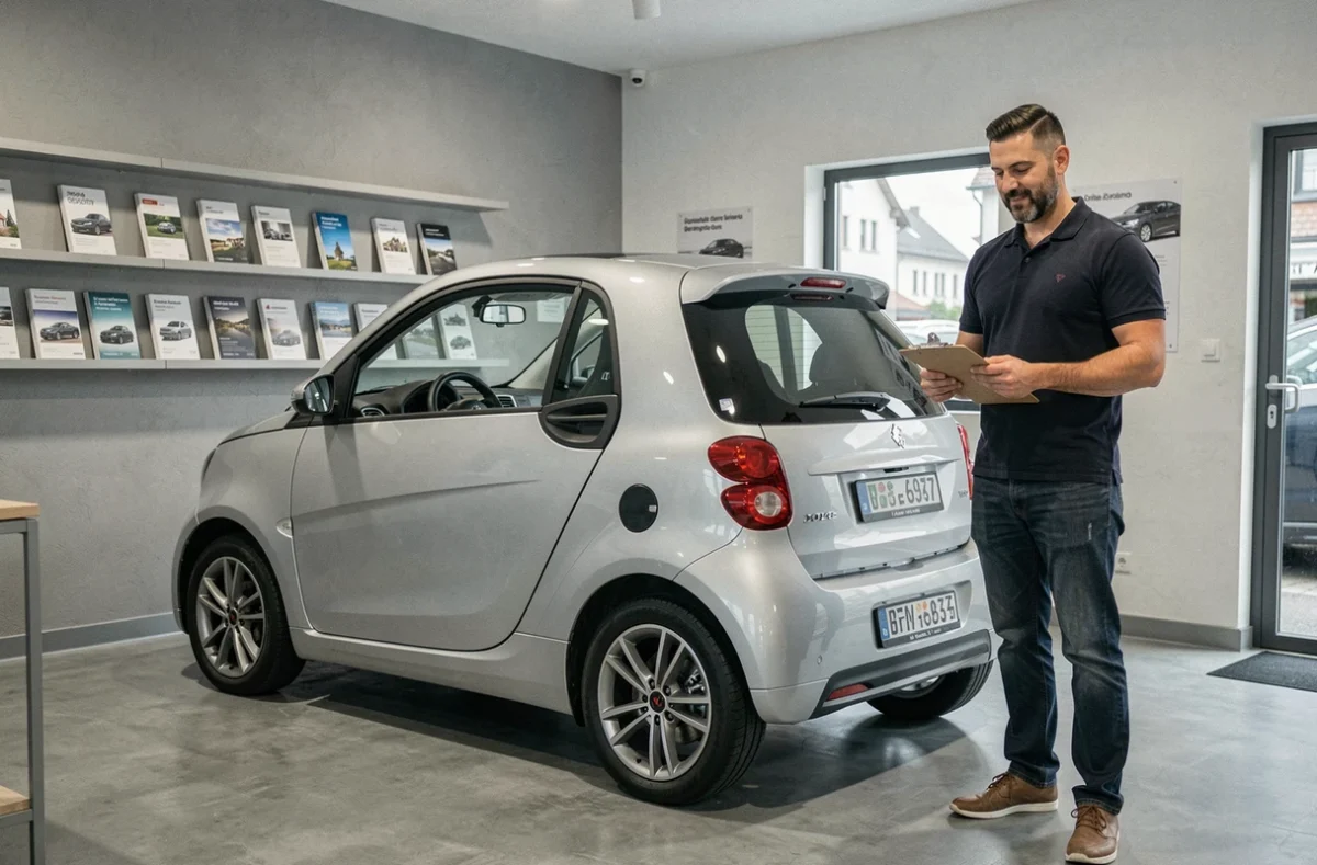 Vendeur présentant une voiture sans permis dans une salle d'exposition d'un concessionnaire en Alsace