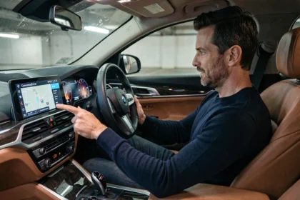Conducteur BMW interagissant avec l'interface ConnectedDrive sur l'écran central d'une berline BMW haut de gamme