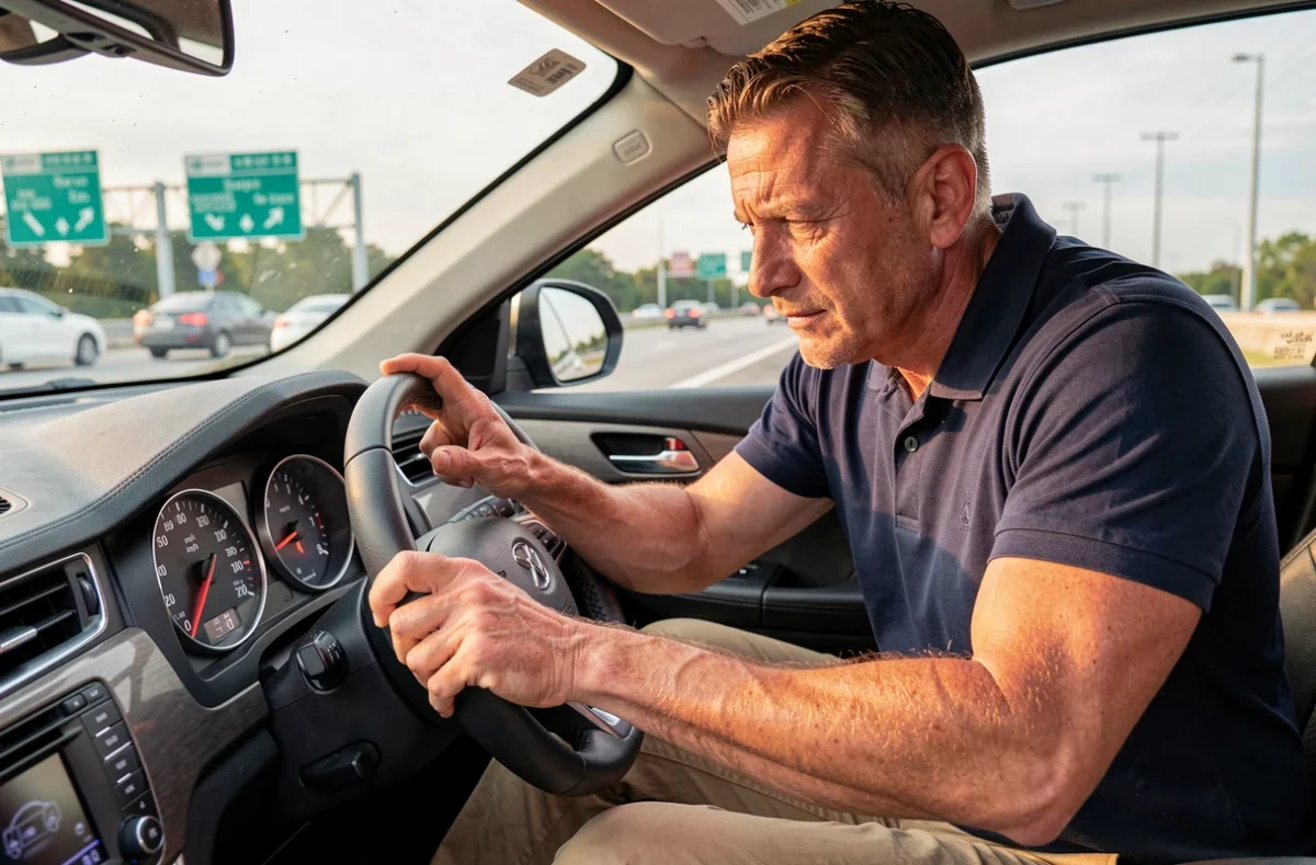 Conducteur observant le double cadran mph et km/h d'un compteur de vitesse dans une voiture de location sur une autoroute américaine