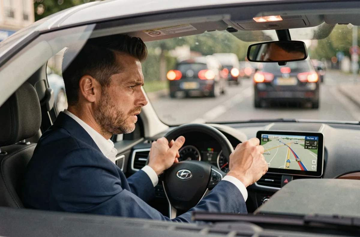 Conducteur stressé dans sa voiture consulte le GPS pour contourner un accident sur le périphérique de Caen pendant son trajet domicile-travail