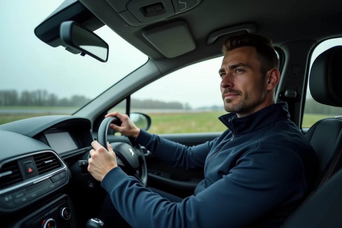 Conducteur au volant de la Peugeot 308 sur autoroute, illustrant le confort des sièges et l'ergonomie pour les longs trajets