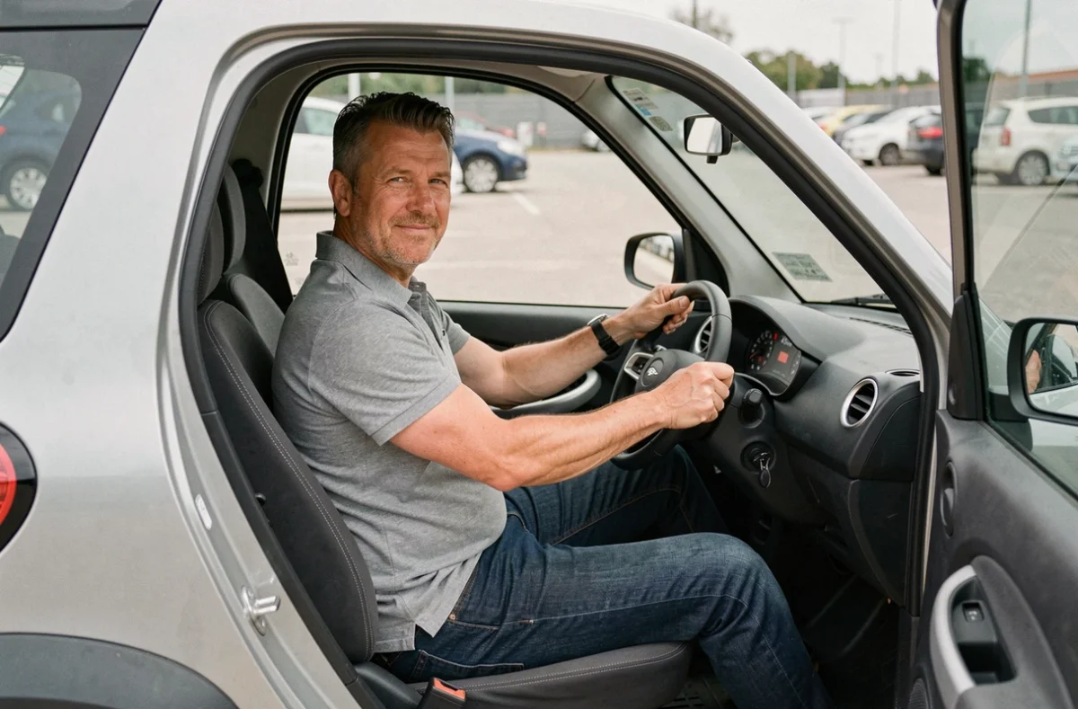 Homme adulte au volant d'une voiture sans permis, montrant l'intérieur minimaliste et le tableau de bord compact du véhicule