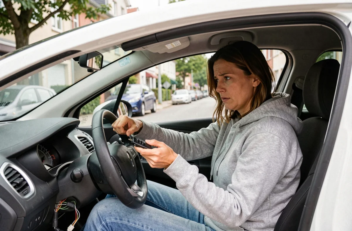 Femme en difficulté avec l'anti-démarrage de sa Renault Clio 2 garée en rue résidentielle