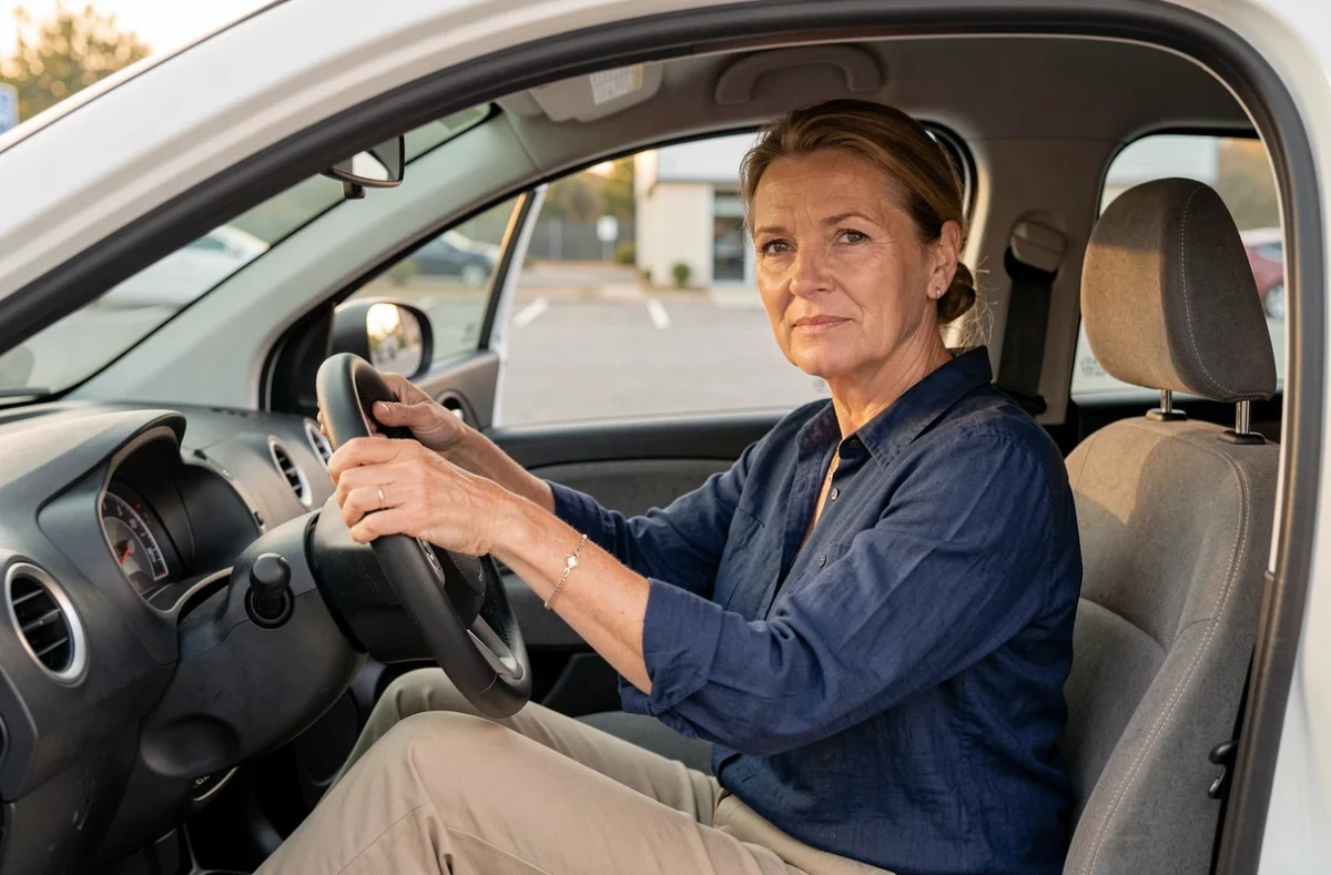 Femme conduisant une voiture sans permis à quatre portes, assise au volant avec une expression sereine