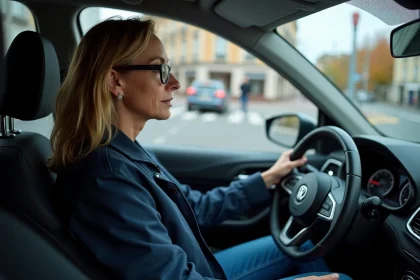 Femme au volant d'une voiture en intersection urbaine
