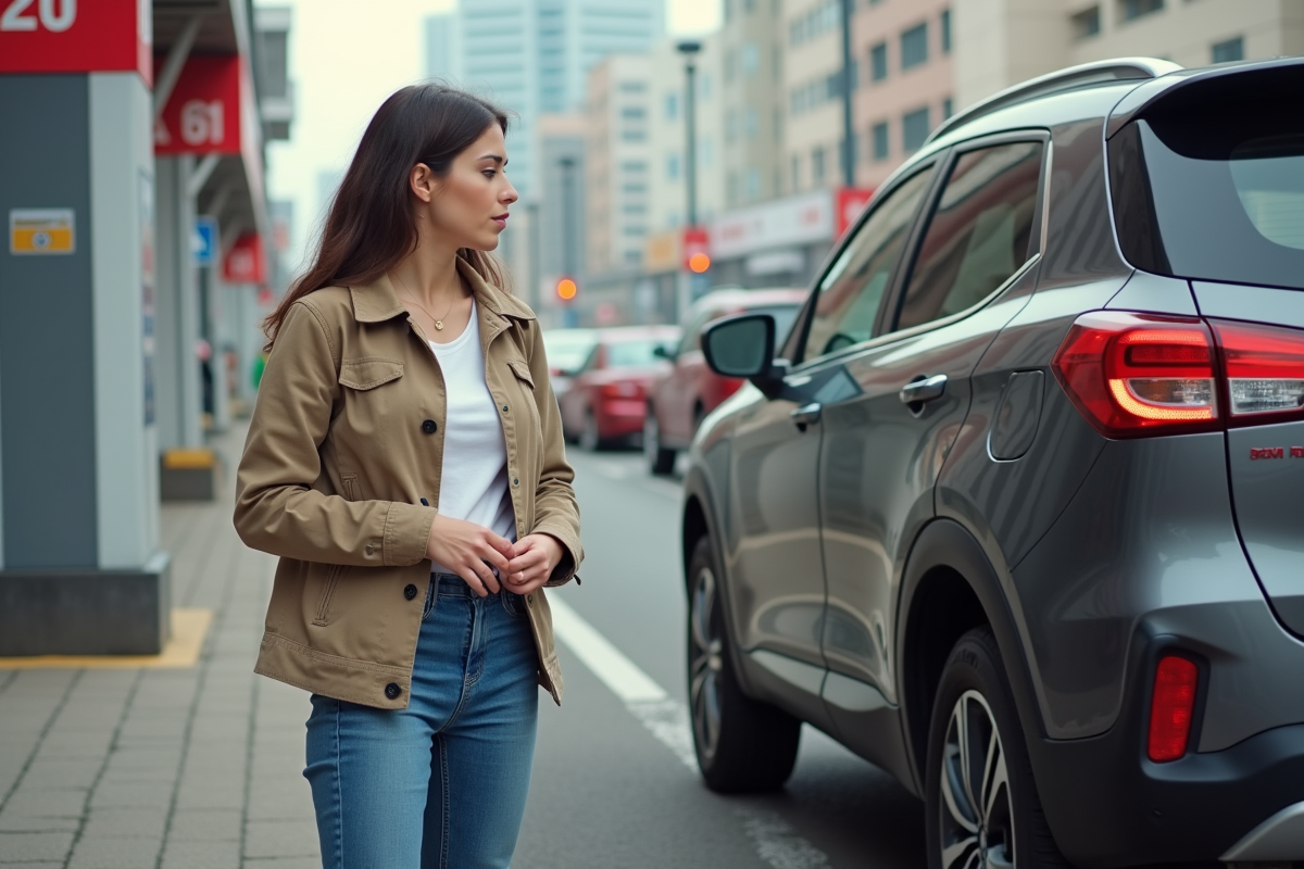 Jeune femme observant un contrôle de pneu sur son SUV en extérieur