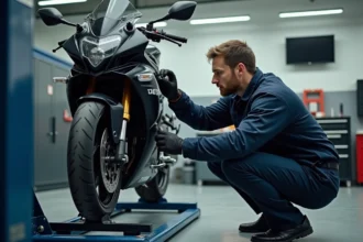 Mécanicien réalisant un contrôle technique sur une moto dans un garage d'inspection professionnel