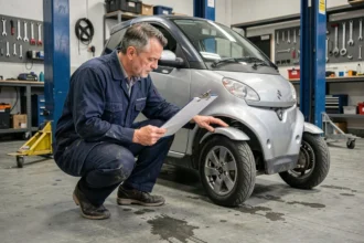 Mécanicien réalisant le contrôle technique d'une voiture sans permis dans un garage agréé