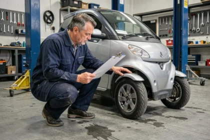 Mécanicien réalisant le contrôle technique d'une voiture sans permis dans un garage agréé