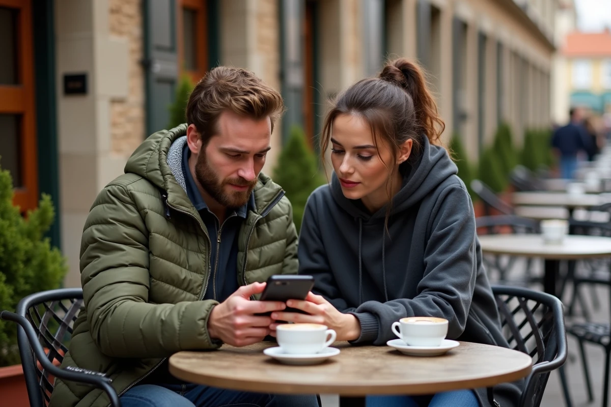 Couple consultant l'application Crit'Air sur smartphone en terrasse d'un café à Rennes