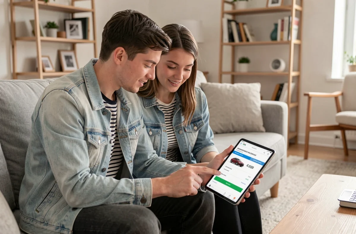 Couple assis sur un canapé dans un salon moderne consultant une offre d'assurance voiture en ligne sur une tablette