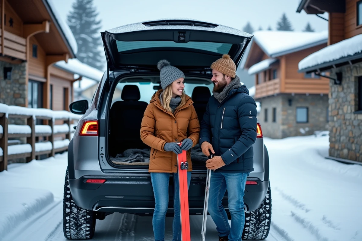 Couple chargeant des skis dans le coffre d'un SUV électrique 4x4 dans un village alpin enneigé