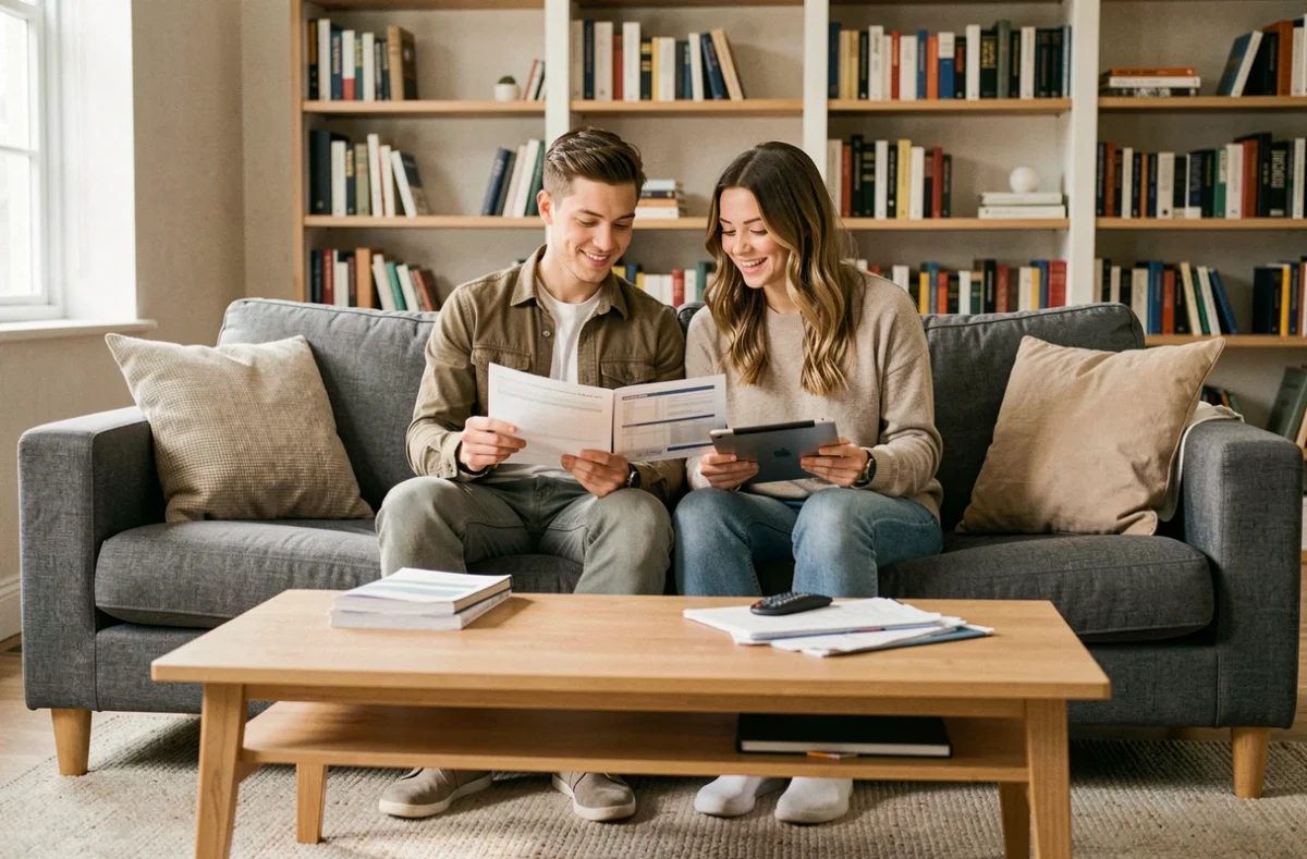 Couple consultant des documents et un devis d'assurance voiture sur tablette dans leur salon