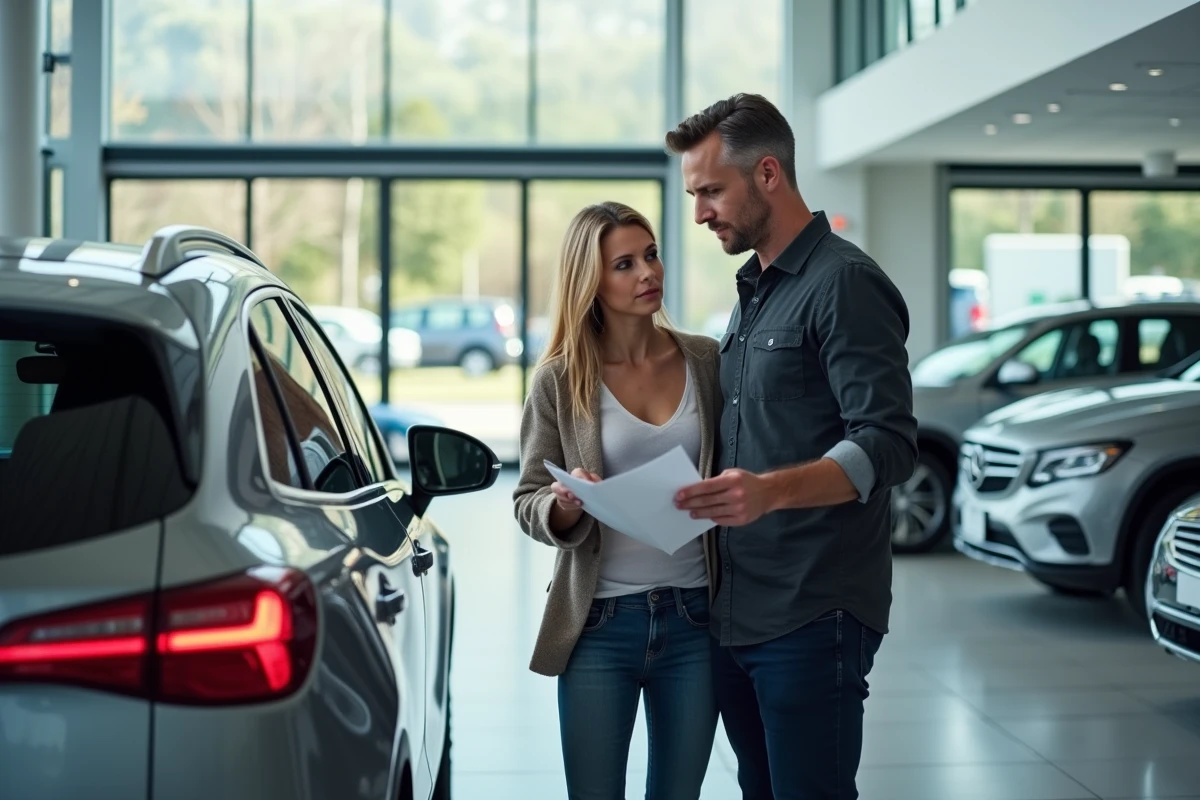 Couple en discussion devant un SUV dans un showroom automobile avant de prendre une décision d'achat