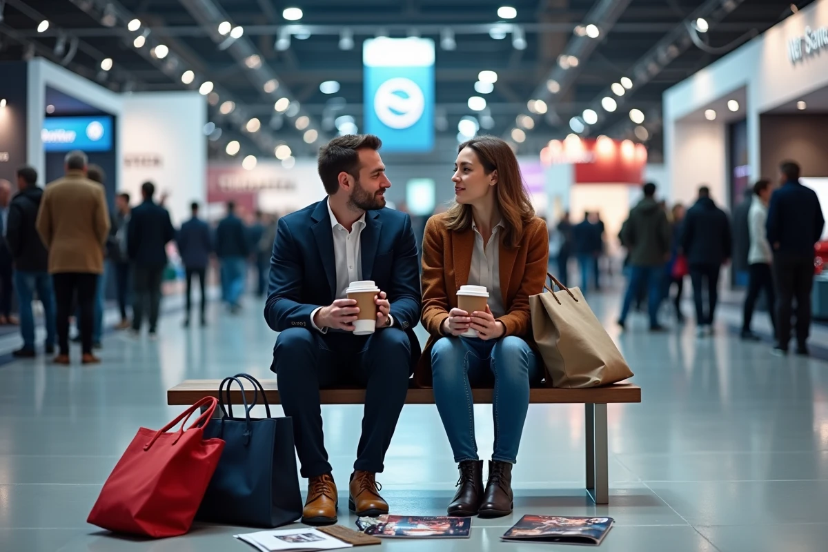 Couple fatigué se reposant sur un banc lors d'une visite au salon de l'automobile de Paris entouré de brochures
