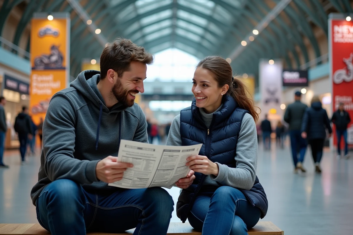 Couple planifiant leur visite au Salon du 2 Roues de Lyon avec le programme en main
