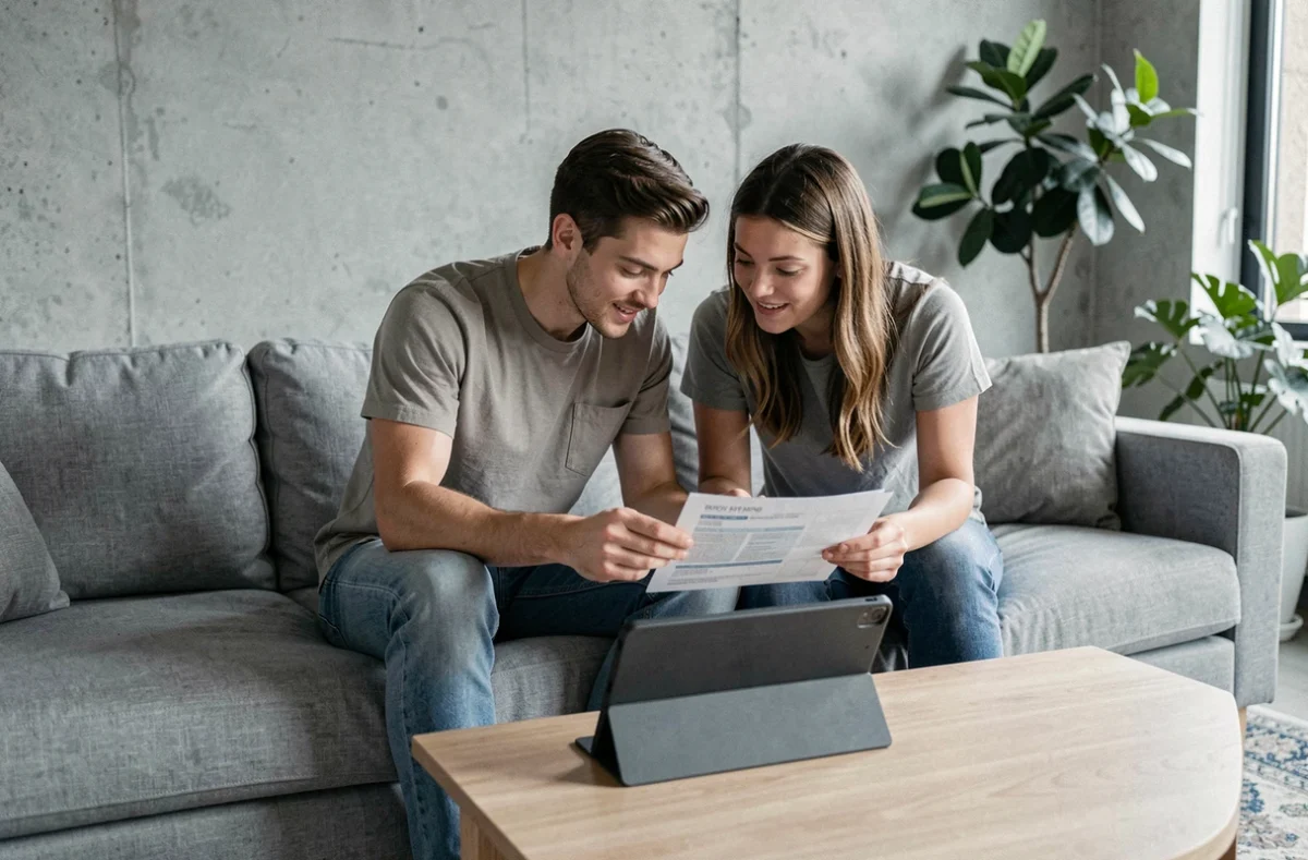 Couple consultant un comparateur d'assurance auto en ligne sur une tablette dans un salon moderne
