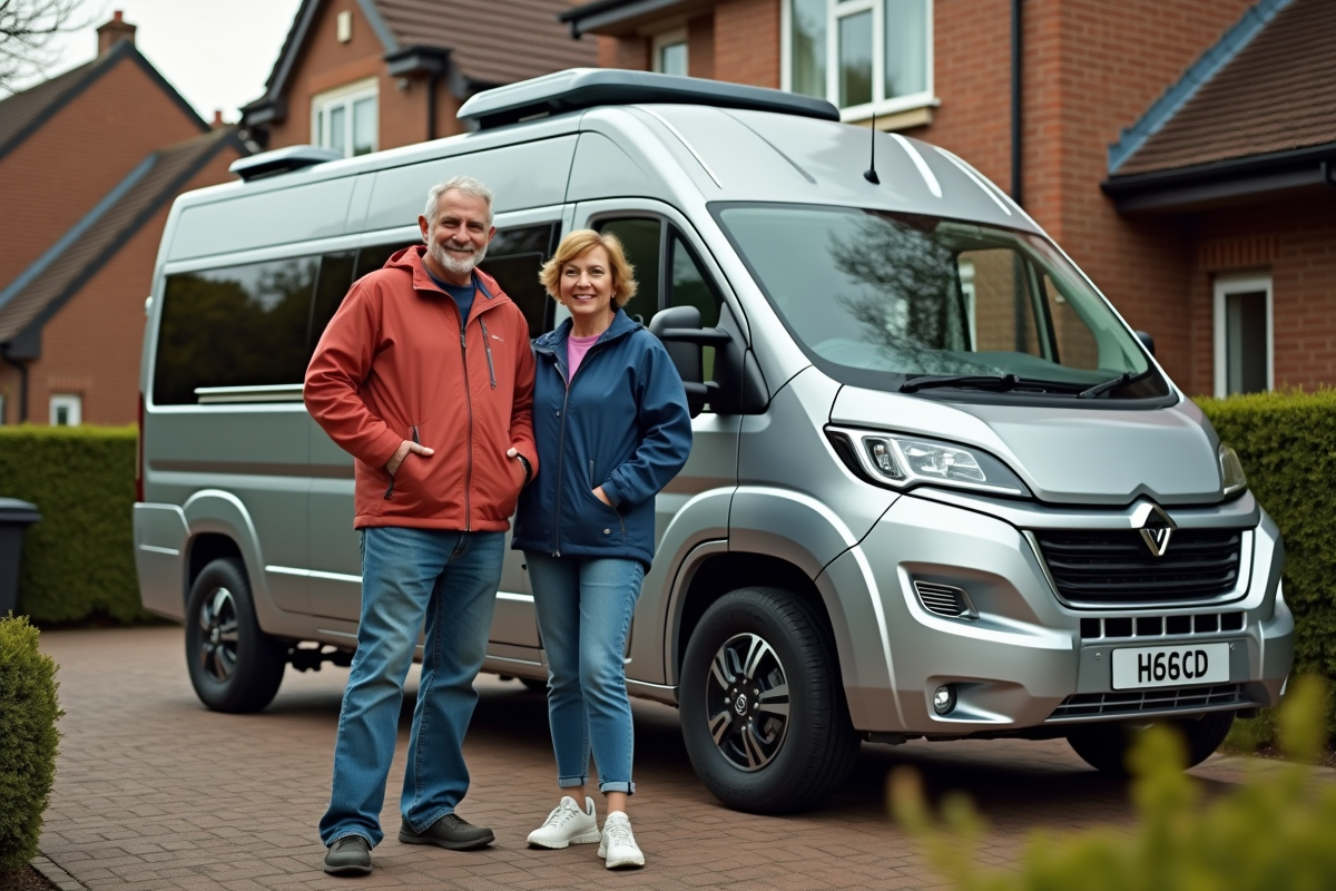 Couple avec van en camping dans la cour résidentielle