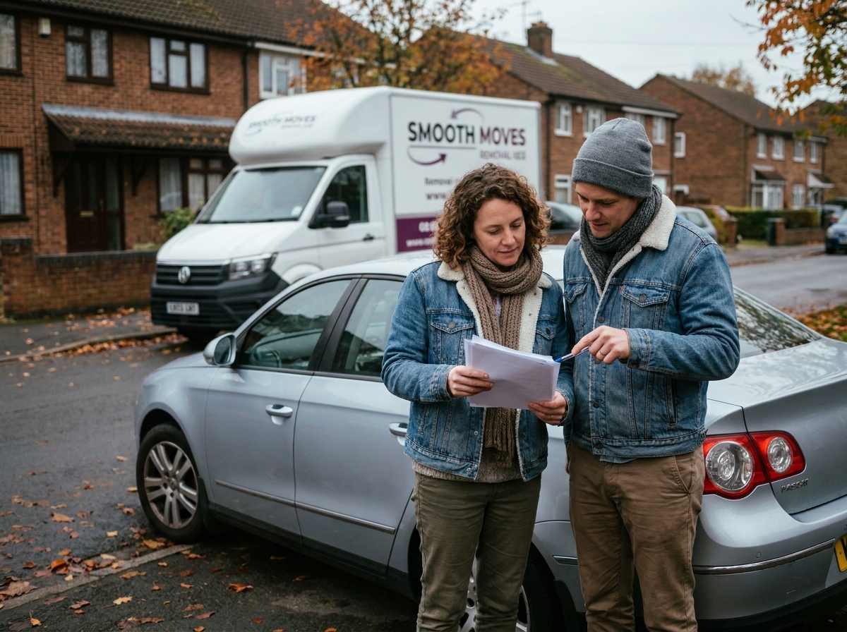 Couple vérifiant les documents de changement d'adresse de carte grise devant leur voiture après un déménagement