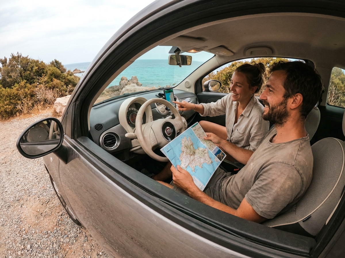 Couple dans une voiture de location sur une route côtière de Corse près d'Ajaccio consultant un GPS et un guide touristique