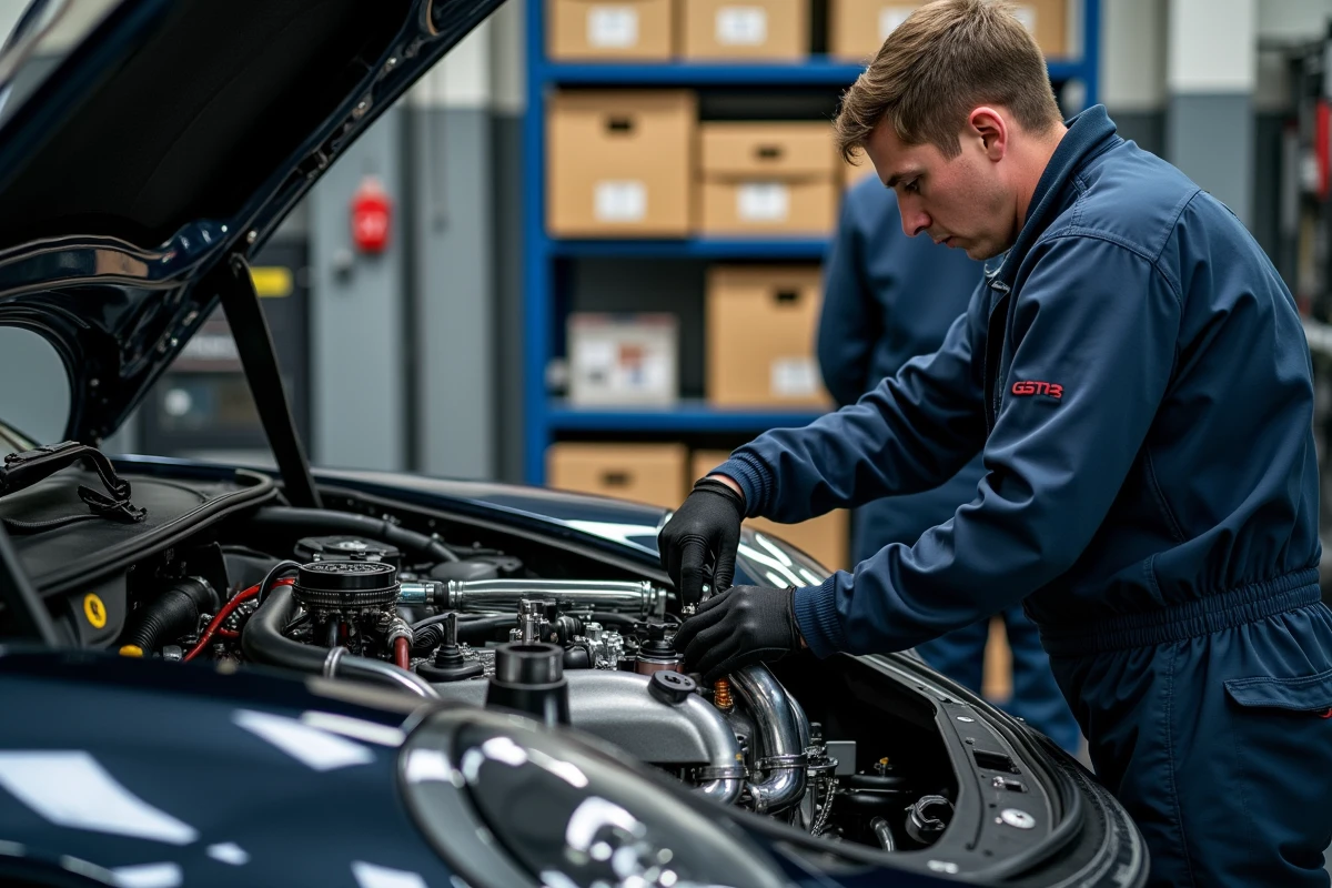 Technicien effectuant la maintenance du moteur d'une Porsche GT3 Cup dans un garage de team racing