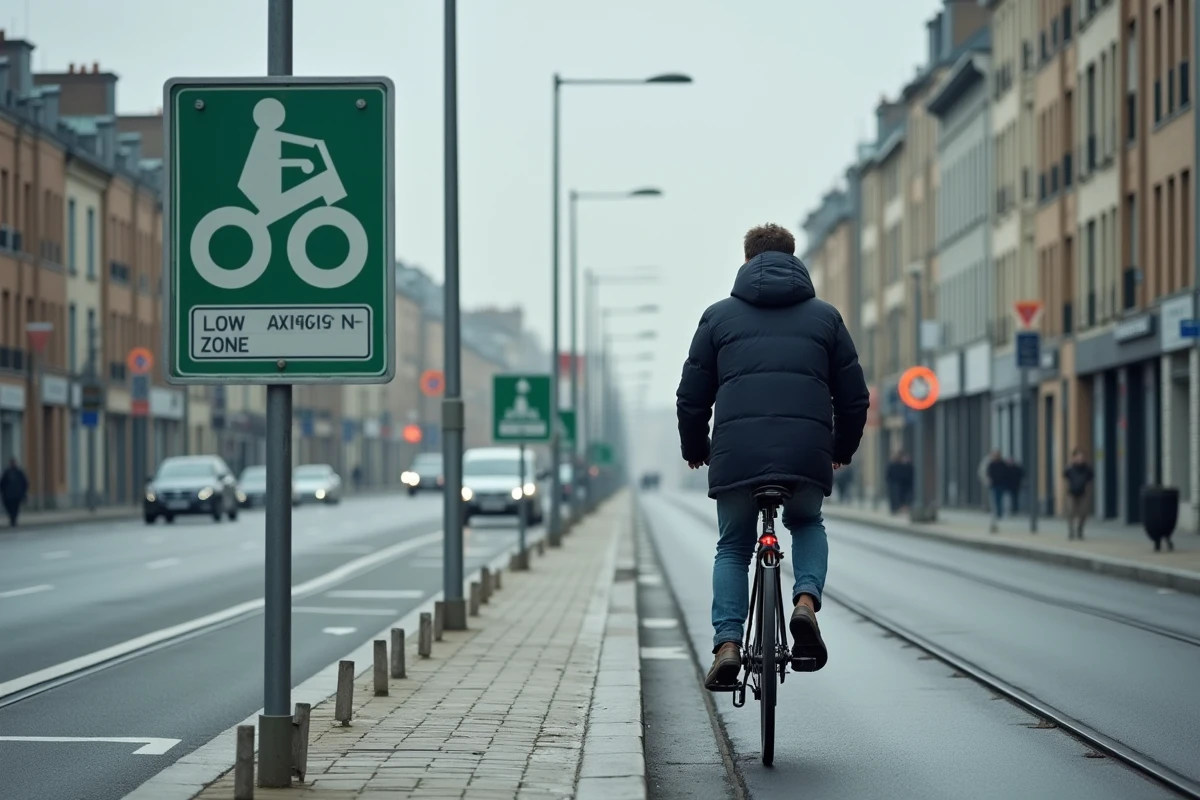 Cycliste passant devant un panneau de zone à faibles émissions sur un boulevard de Rennes