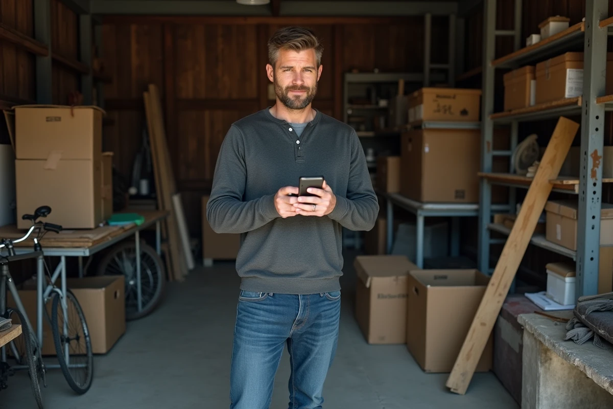 Homme rédigeant une annonce Leboncoin sur smartphone dans un garage rempli d'objets à vendre
