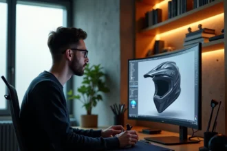 Designer travaillant sur un logiciel de simulation de covering moto avec rendu 3D réaliste affiché sur écran
