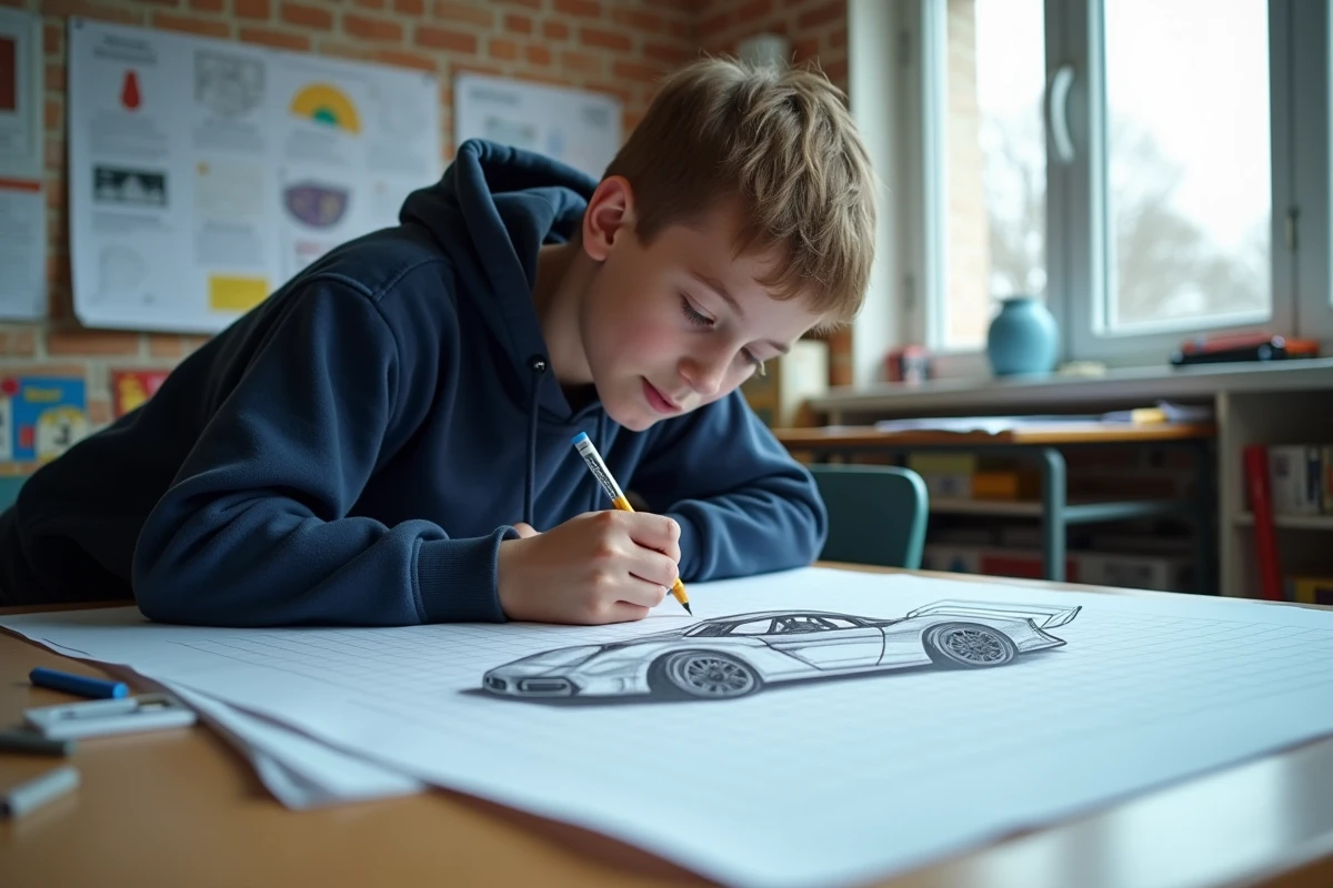 Adolescent travaillant sur un dessin de voiture très détaillé avec des feutres fins sur du papier millimétré dans une salle de classe d'art