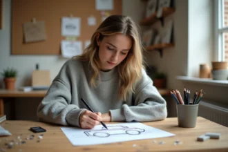 Jeune femme dessinant le contour simple d'une voiture sur papier blanc à son bureau en bois dans un atelier créatif