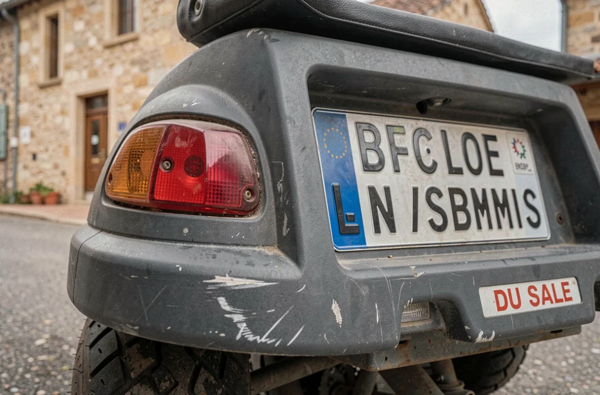 Détail de l'arrière d'une voiture sans permis d'occasion à vendre dans une rue en Ardèche