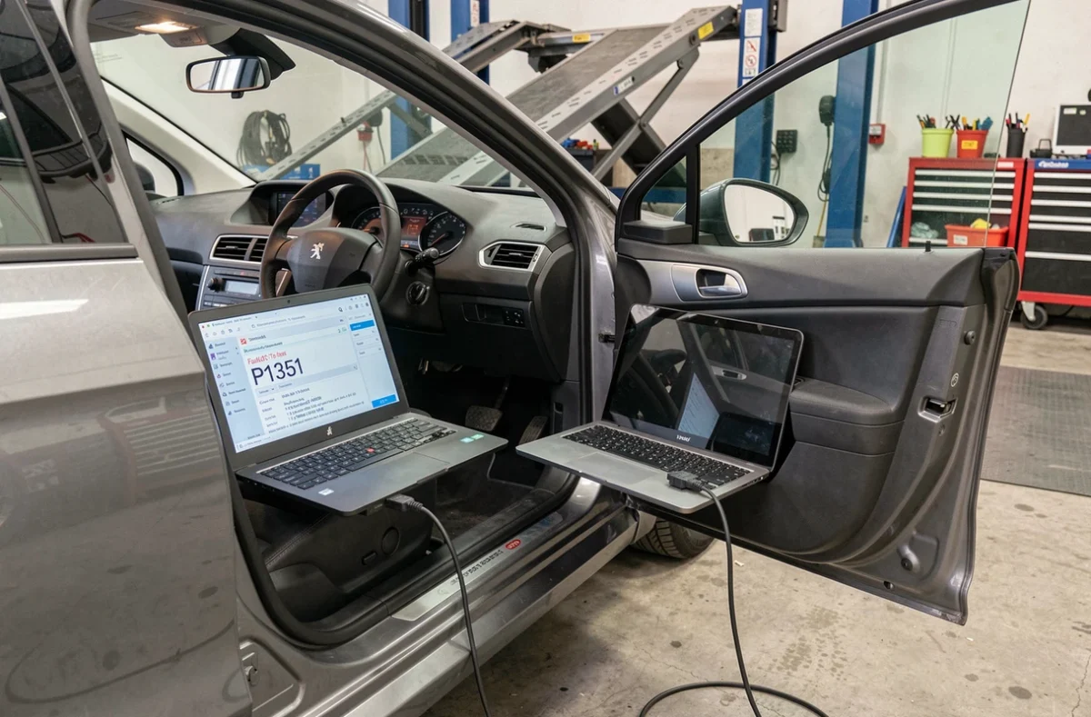 Diagnostic électronique affichant le code défaut P1351 sur une Peugeot 308 1.6 HDI connectée via prise OBD2