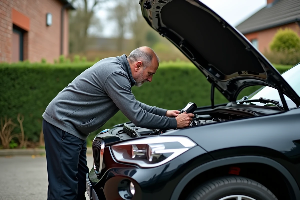 Contrôle du moteur d'un BMW X1 F48 avec un outil de diagnostic OBD lors d'une inspection avant achat
