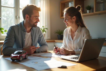 Un couple discute documents d'assurance auto à la maison