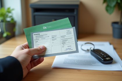 Main d'un conducteur français tenant documents voiture assurance et immatriculation