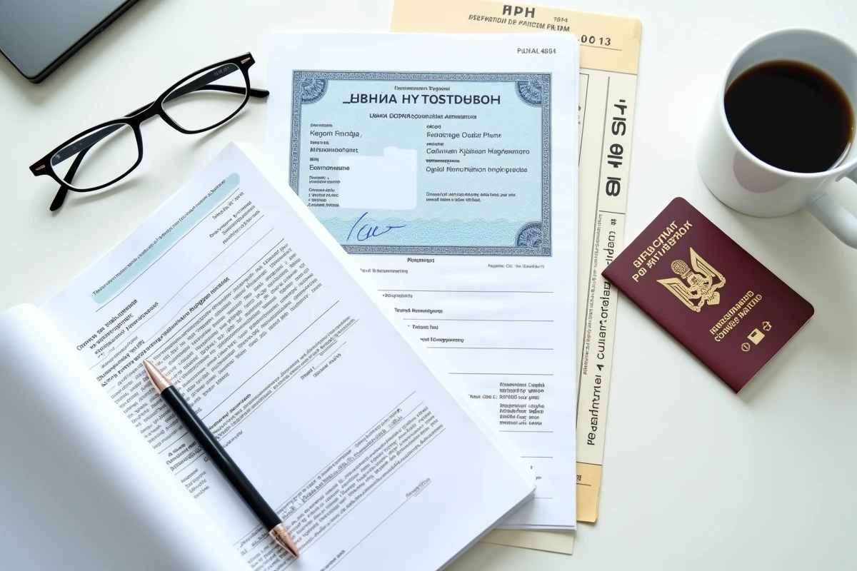 Documents nécessaires pour l'immatriculation d'un véhicule ukrainien en France étalés sur un bureau