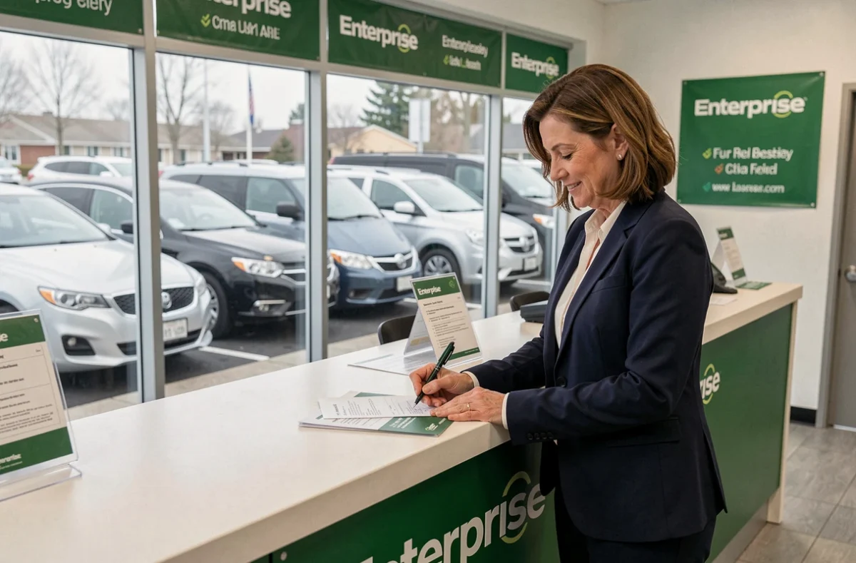 Femme d'affaires signant un contrat de location longue durée dans une agence Enterprise avec flotte visible en fond