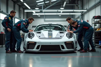 Mécaniciens inspectant une Porsche GT3 Cup blanche dans un atelier de compétition automobile professionnel
