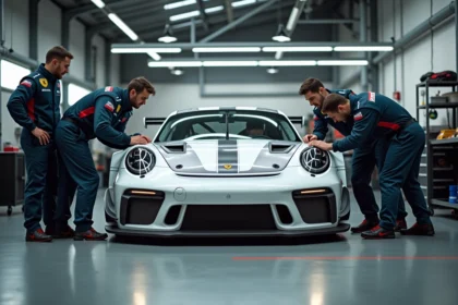 Mécaniciens inspectant une Porsche GT3 Cup blanche dans un atelier de compétition automobile professionnel