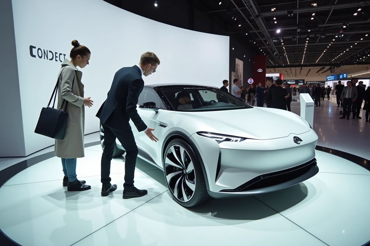 Visiteuse s'approchant trop près d'un concept car au salon de l'automobile, recadrée par un agent d'accueil