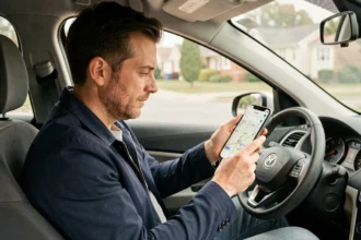 Conducteur estimant le coût de son trajet domicile-travail sur smartphone dans sa voiture