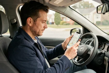Conducteur estimant le coût de son trajet domicile-travail sur smartphone dans sa voiture