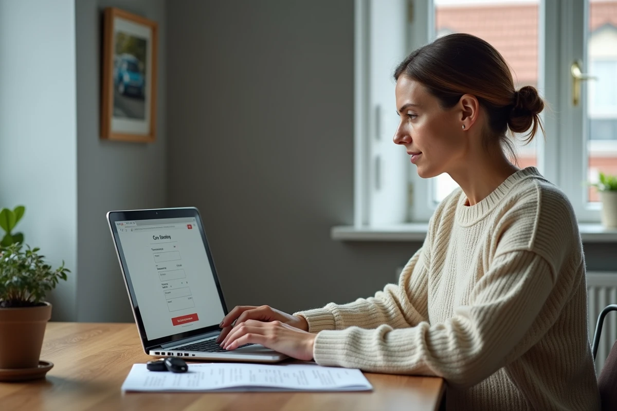 Une femme consulte une estimation de rachat de voiture en ligne sur son ordinateur portable à son bureau